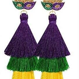 Mardi Gras Purple Green Gold Tassel Mask Earrings