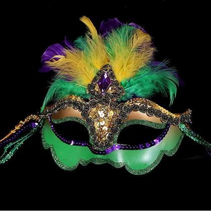Mask Purple, Green, Gold Feather Orleans Carnival..