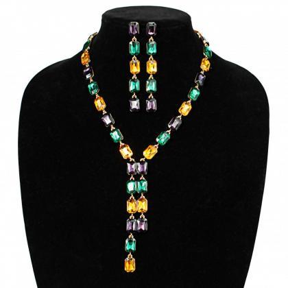 Mardi Gras Emerald Cut Necklace And Earring Set!..