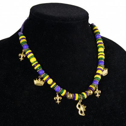 Mardi Gras Theme Charm Wooden Bead Charm Necklace..