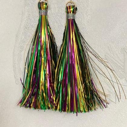 Mardi Gras Metallic Tassel Earrings Purple Green..