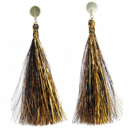 Black Gold Tinsel Tassel Post Earrings Mardi Gras..