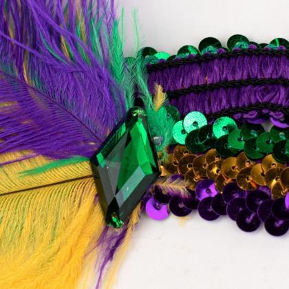 Mardi Gras Feather Elastic Sequin Headband With..