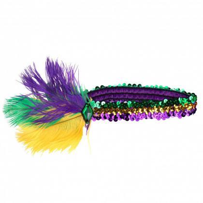 Mardi Gras Feather Elastic Sequin Headband With..