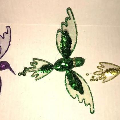 Mardi Gras Feather Bird On Clip (3) Purple Green..