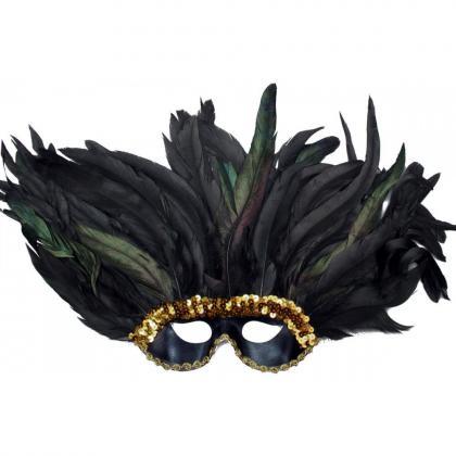 Black & Gold Sequin Band Feather Mask..