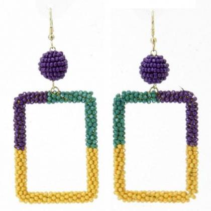 Mardi Gras Seed Bead Wrapped Square Earrings..