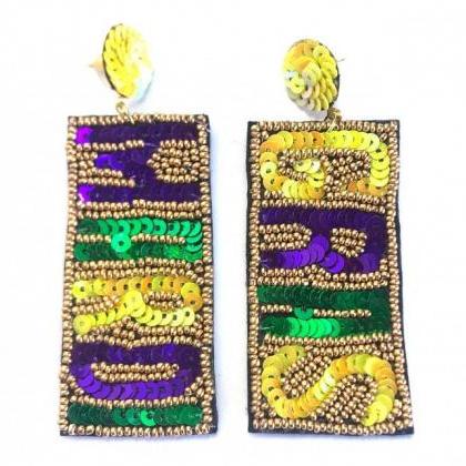 Mardi Gras Sequin Words Dangle Post Earrings..