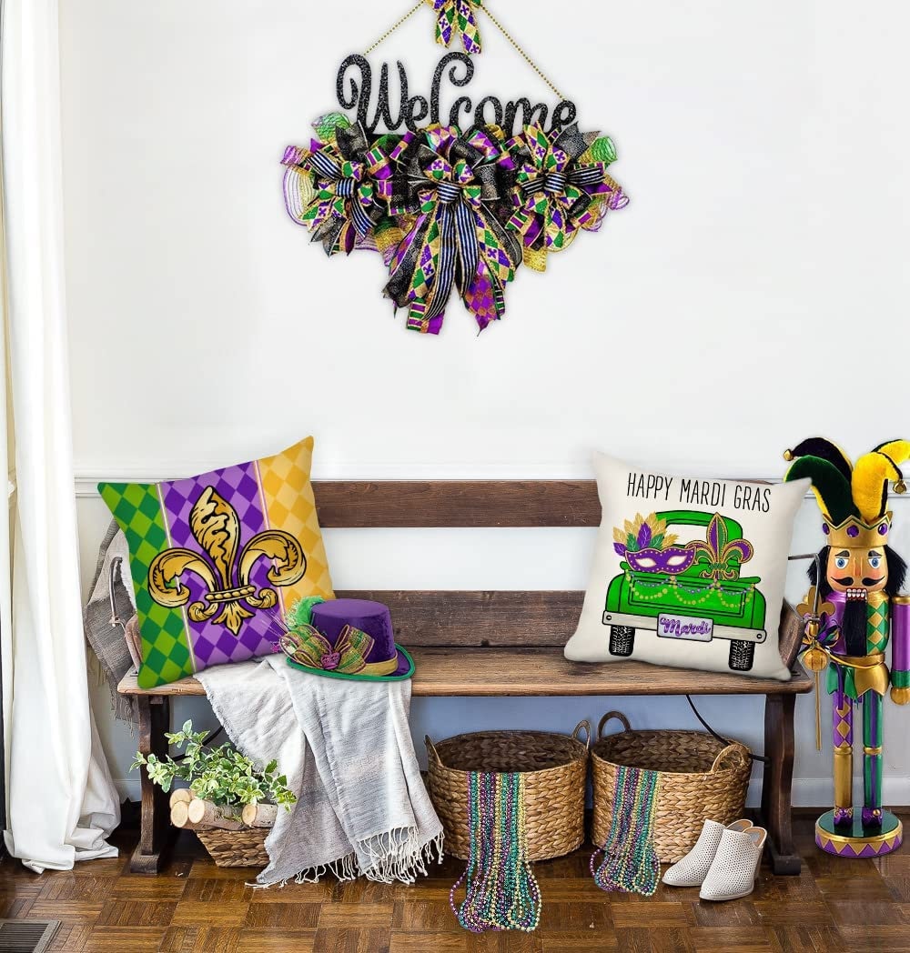 Mardi Gras Throw Pillow Covers, Mardi Gras Gnome Fleur De Lis