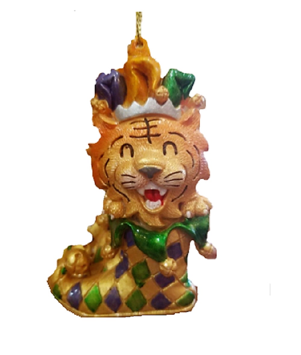 Orleans Hand Painted Harlequin Jester Mardi Gras King Tiger In Boot Lsu Tigers Holiday Christmas Tree Ornament With Gold Gift Pouch