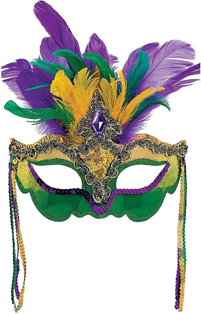 Mask Purple, Green, Gold Feather Orleans Carnival Mardi Gras Face Eye Decoration Wreath Decor Costume Favor Party Outfit