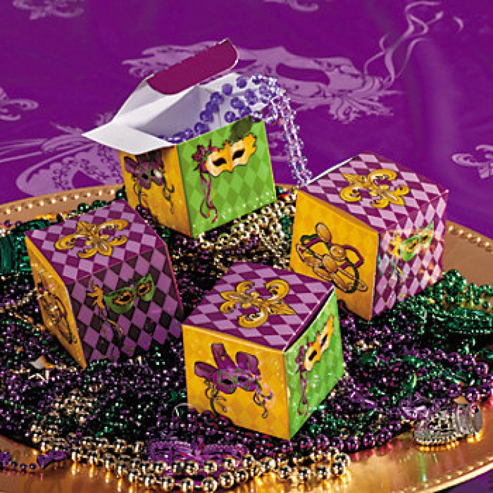 1.75" Cube Mardi Gras Treat Boxes(set Of 4!) (12)purple Green, Gold Mardi Gras Beads Orleans Carnival Decor Costume Favor Party Outfit
