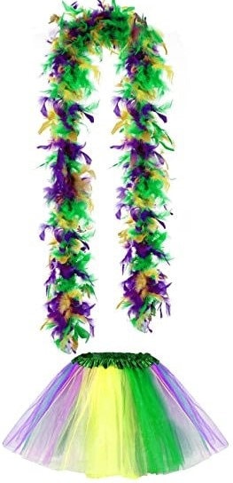 2 Pcs Mardi Gras Feather Boa And Tutu Skirt Costumes Party Purple Green Gold Masquerade Ball Costume Parade Orleans