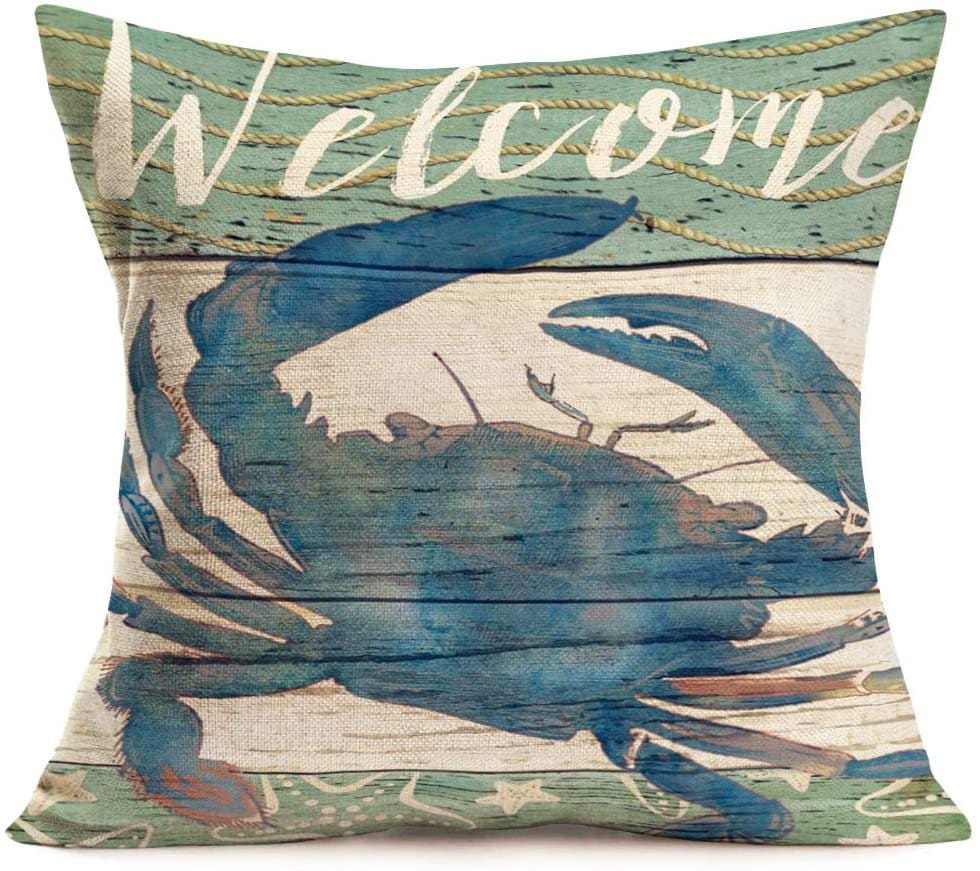 Fresh Catch Welcome Blue Crab Vintage Wood Nautical Rustic Throw Pillow Case Pillowcase Sofa Couch Cotton Linen Boil Seafood Decorative