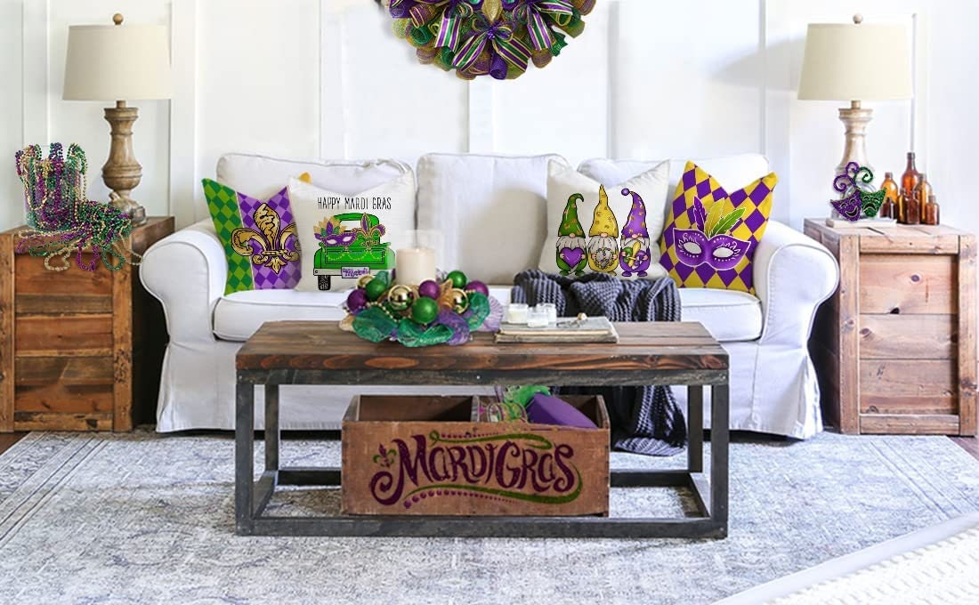 Mardi Gras Pillow Cover For Home Decorations Beads Fleur De Lis Harlequin Mask Gnomes Farm Truck Purple Green Gold Decorative