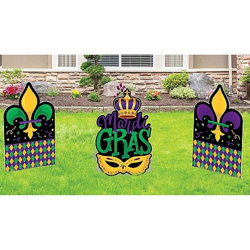 Mardi Gras Crawfish Boil Cook Out Seafood Party Yard Signs Fleur De Lis Mask Harlequin Crown Corrugated Plastic Yard Signs, 15in X 24in, 3ct