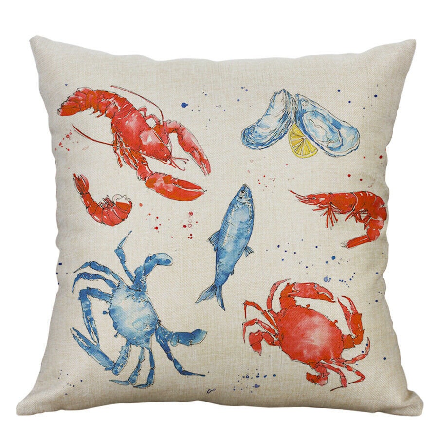 18" Retro Shrimp Oyster Shrimp Fish Cotton Linen Pillow Case Cushion Cover Throw Home Decor Home Pillowcase Boil Seafood Decorative