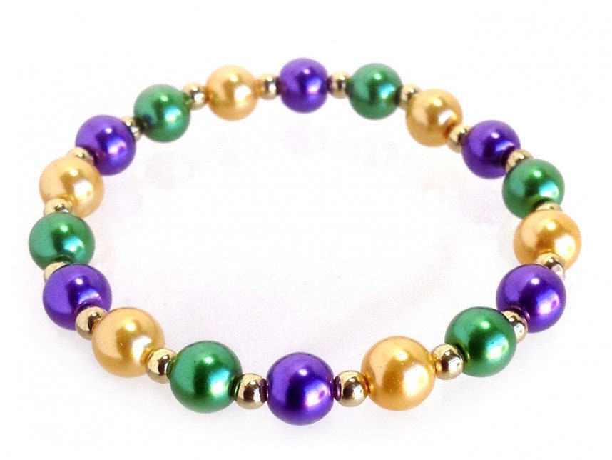 Mardi Gras Pearl Teardrop Gold Hook Earrings Or Mardi Gras Pearl Gold Bead Stretch Bracelet Parade Wear Orleans