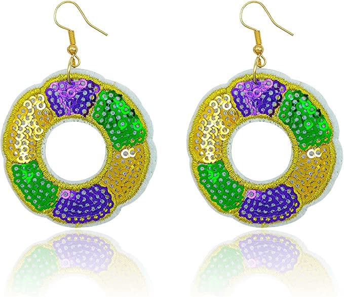 King Cake Mardi Gras Earrings Orleans Masquerade Ball Parade French Quarter Fat Tuesday Party