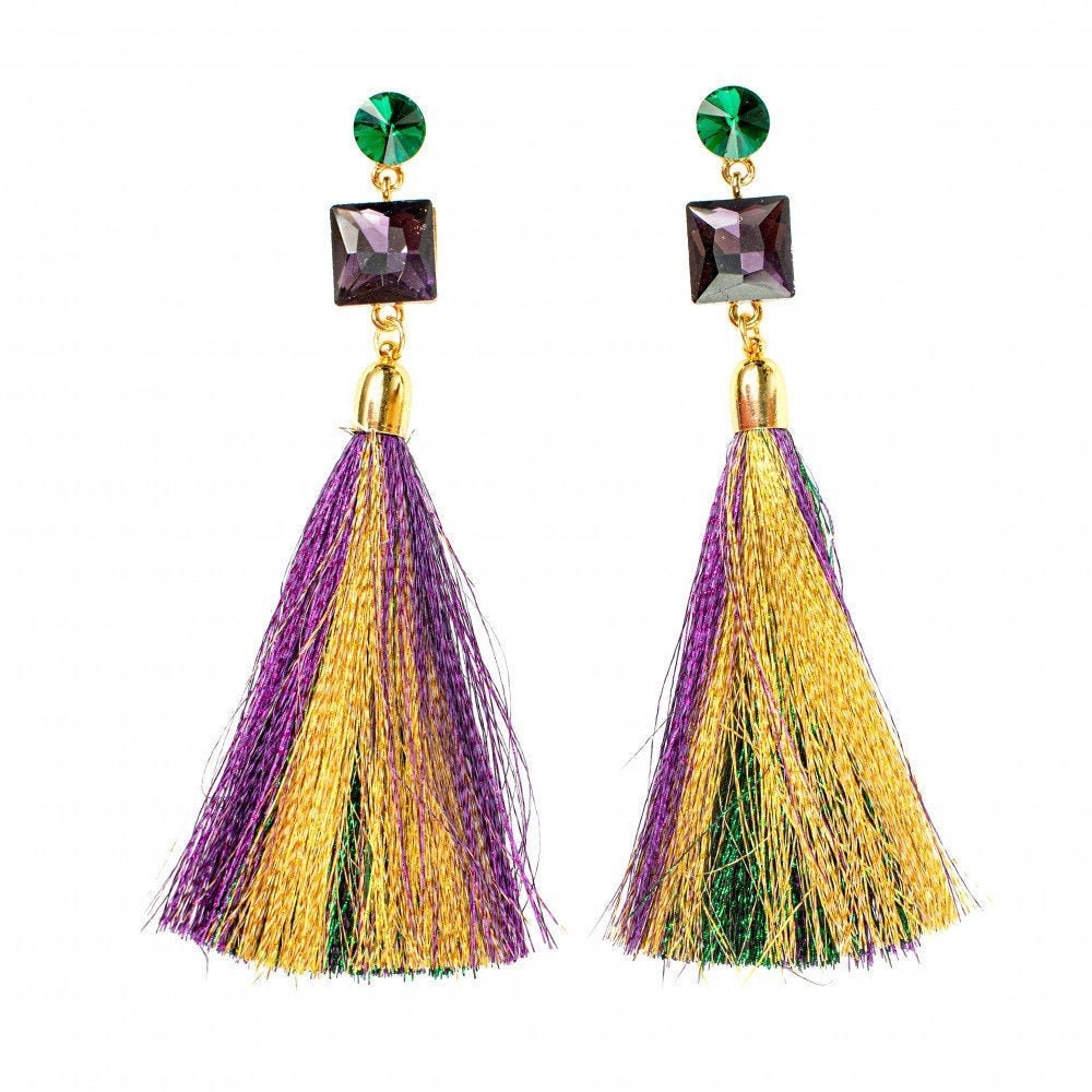 Mardi Gras 4.75" Gem Stone & Tassel Earrings Purple Green Gold Masquerade Ball Costume Parade Orleans