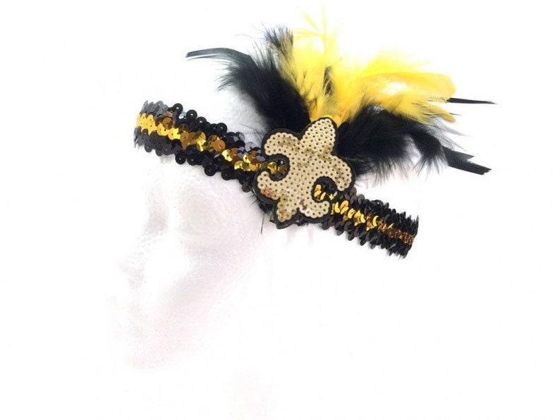 The Black And Gold Fleur De Lis Sequin And Feathered Headband Saints Orleans Flapper Mardi Gras