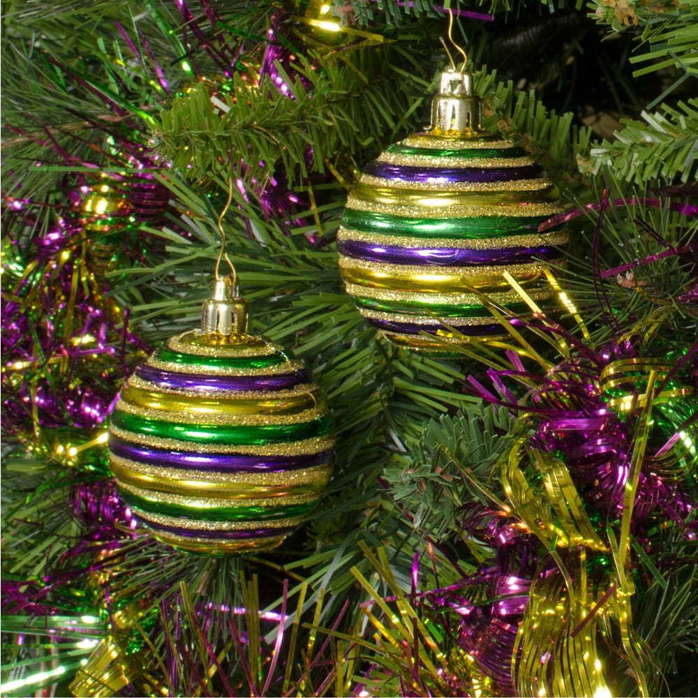 2 Mardi Gras Glittered Highly Detailed Orleans Purple Green Gold Horizontal Stripe Tree Wreath Ornaments 2.25" (set Of 2) Bourbon St.