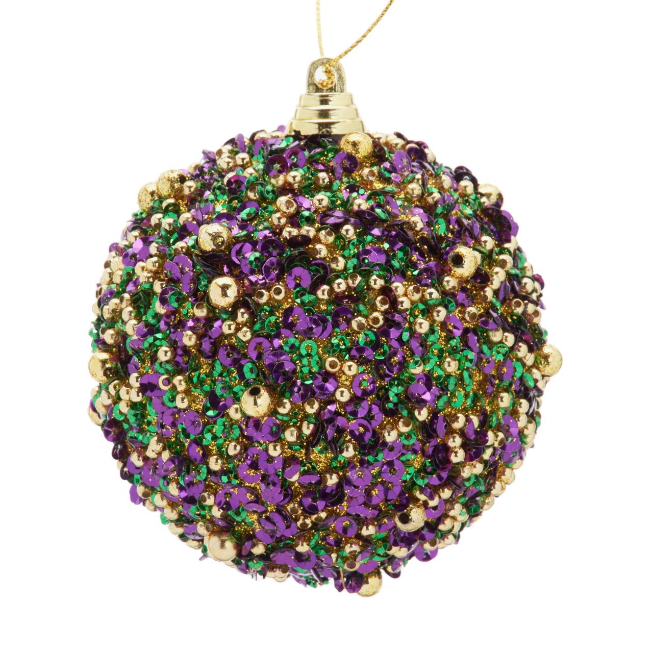 Set Of 2! Mardi Gras Purple, Green, Gold Bedazzled Beads & Sequins Ornaments Round Orleans Holiday Christmas Ornaments