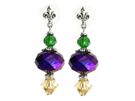 Mardi Gras Crystal Fleur De Lis Post Earrings Purple Green Gold
