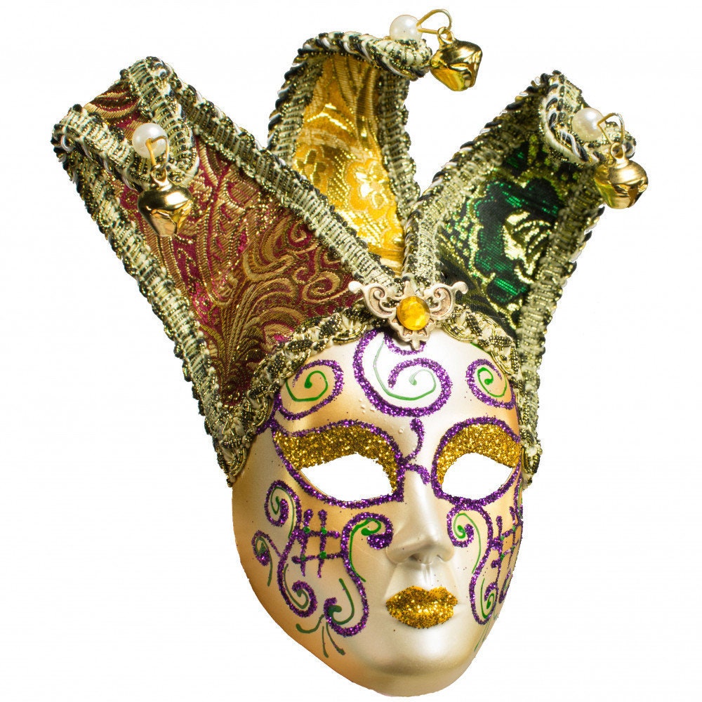 6" Mardi Gras Venetian Mask Ornament With Fabric Hat Lamé With Gold Jingle Bells Christmas Holiday Ornament Decor Decoration