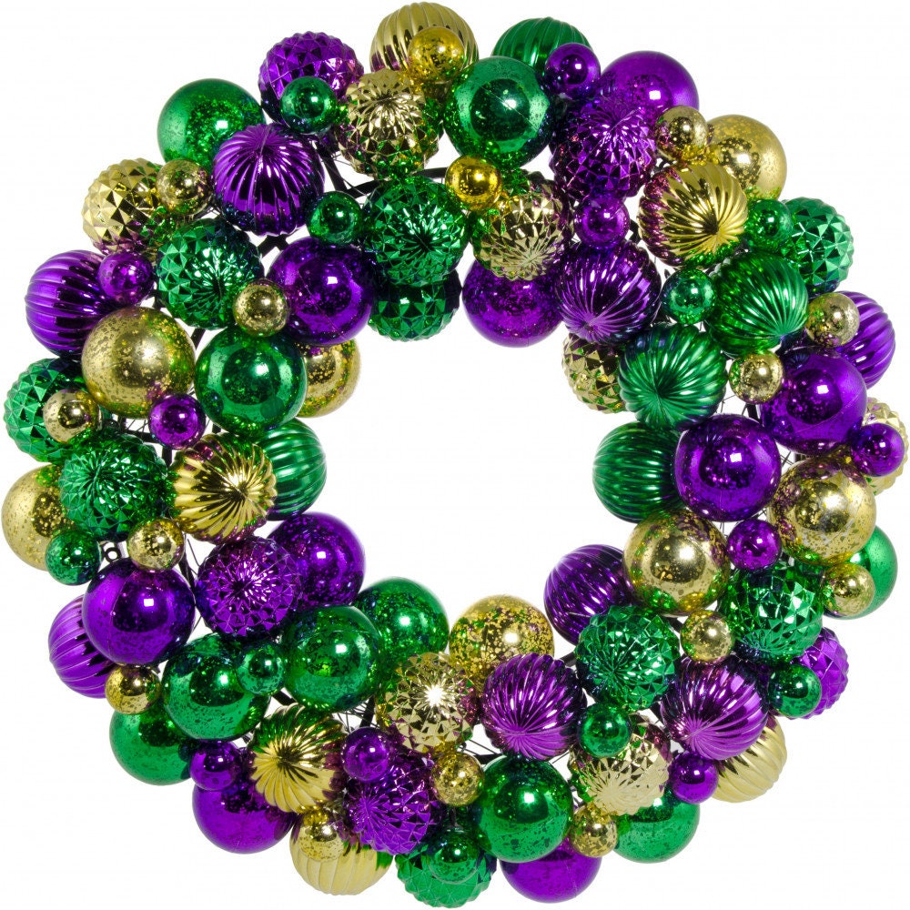 16" Antique Finish Ball Mardi Gras Christmas Wreath: Purple, Green & Gold Decorated Door Ornament Home Collection Decor Fat