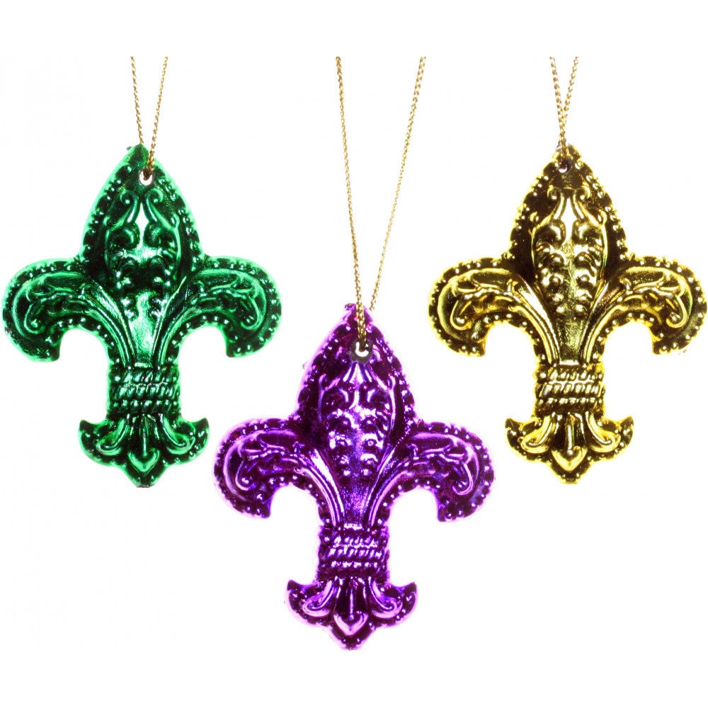 Set Of (6) 1" Inch Mini Fleur De Lis Purple Green Gold Mardi Gras Holiday Christmas Ornaments Orleans