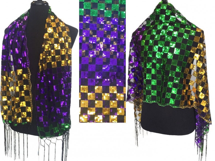 Mardi Gras Sequin Checker Fringe Oblong Scarf Sequined Shawl Purple Green Gold Fringe Masquerade Costume Sexy Table Runner Tree Skirt