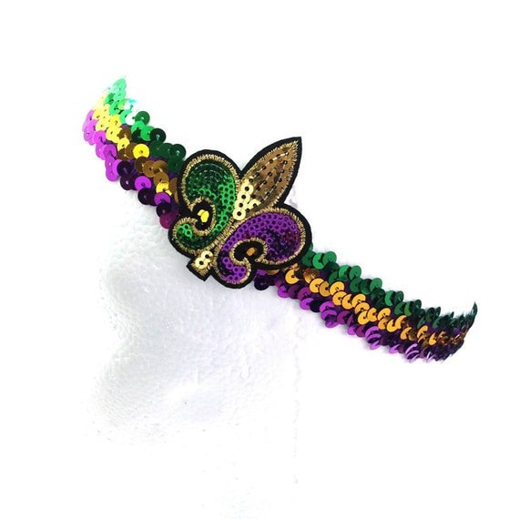 Mardi Gras Stretch Fleur De Lis Headband Purple Green Gold Colored Stretch Sequin Headband. Cap Hat Band!