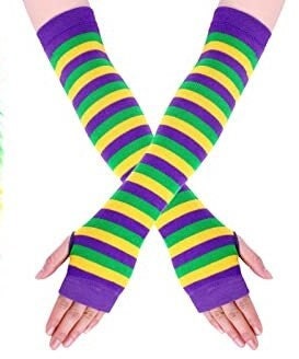 Unisex Fleur De Lis Mardi Gras Fingerless Gloves / Mittens Knit Winter Warm Purple Green Gold Stripe Parade Embroidered