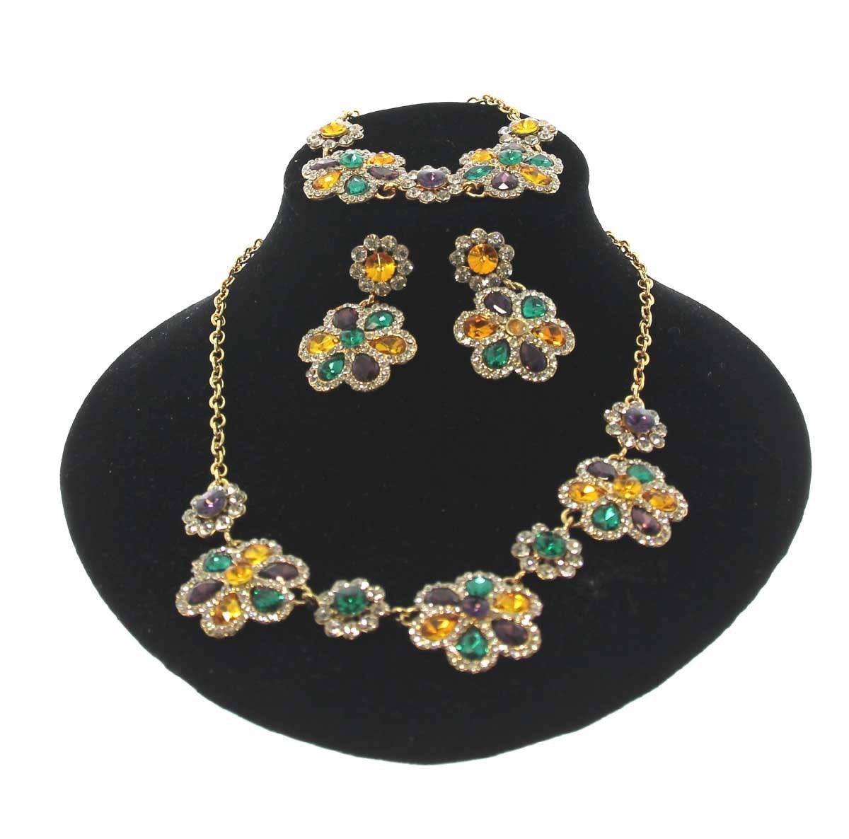 Mardi Gras Gems Flower Earrings Necklace Bracelet Set Sexy Masquerade Ball