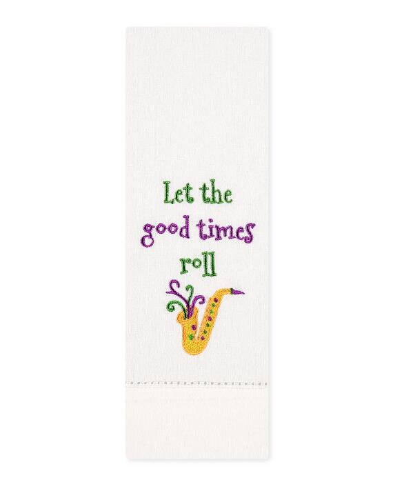 Let The Good Times Roll Decorative Towel Embroidered Tea Laissez Bon Temps Rouler Saxophone In Purple, Green And Gold Decorative Towel