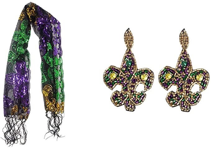Mardi Gras Fleur De Lis Sequined Scarf And Seed Bead Earrings Set Purple Green Gold Fringe Masquerade Costume Sexy Table Runner Tree Skirt