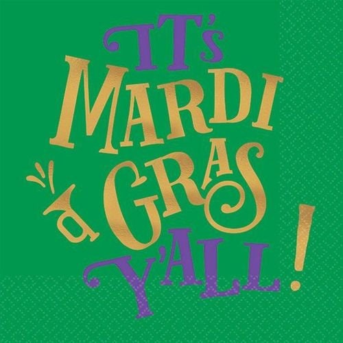 Mardi Gras Y'all Fleur De Lis Din Beverage Napkins: Gold Green Purple (16)