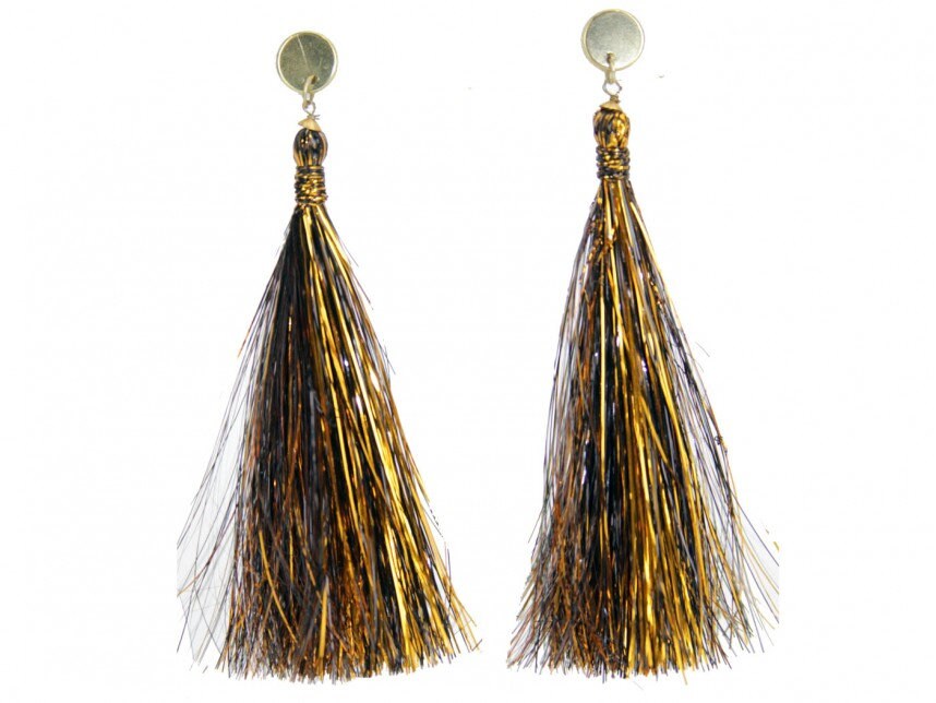 Black Gold Tinsel Tassel Post Earrings Mardi Gras Saints Orleans Parade Masquerade Ball