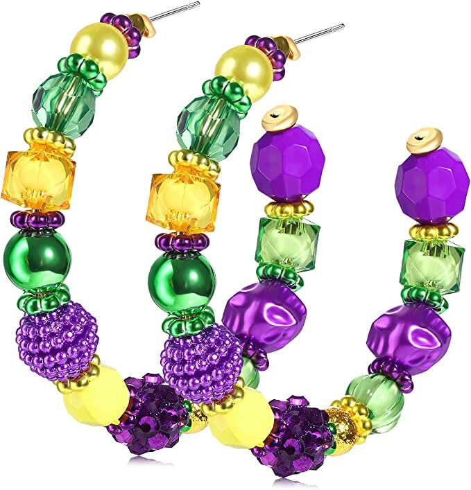 Mardi Gras 4" Gemstones Hoop Earrings Purple Green Gold Masquerade Ball Costume Parade Orleans