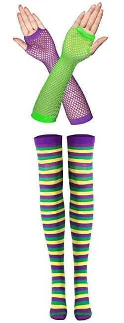 2 Pcs Mardi Gras Thigh High Striped Socks, Tights And Net Gloves Costumes Party Purple Green Gold Masquerade Ball Costume Parade Orleans
