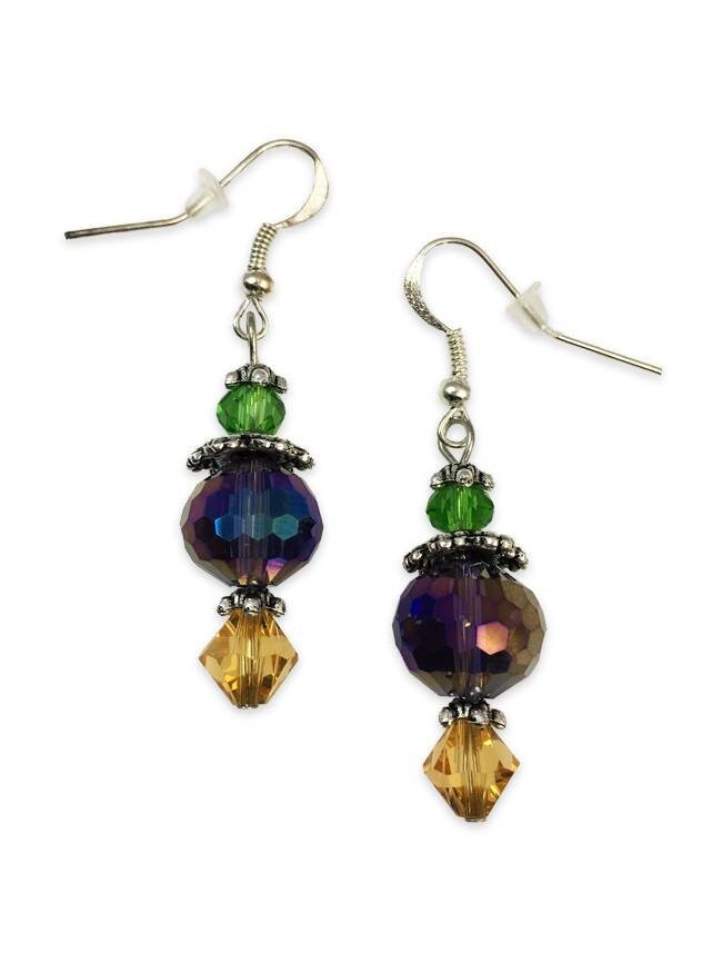 Mardi Gras Color Purple Green Gold Crystal Hook Earrings Carnival Fat Tuesday Masquerade Costume