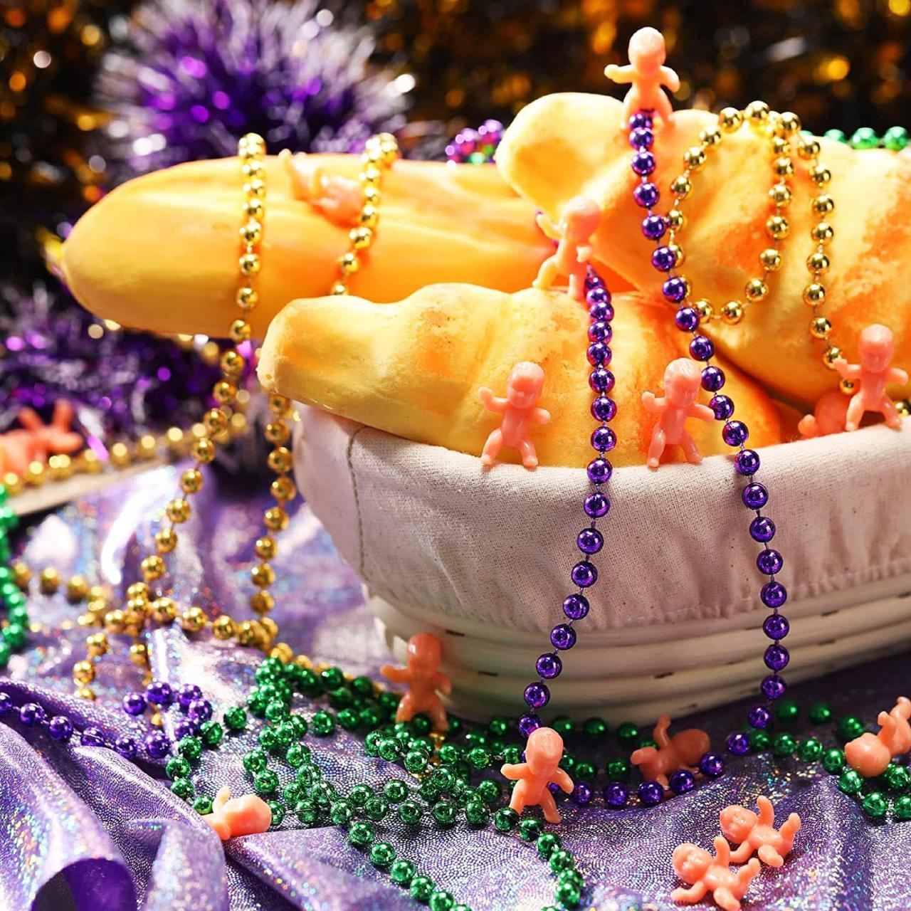 24 King Cake Babies In Flesh And 12 Purple Green And Gold Metallic Finish Beads Party Parade Masquerade
