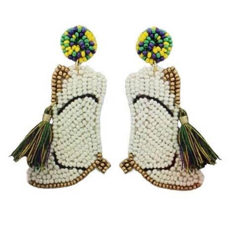 Mardi Gras Mardi Gras Beaded White Marching Boot Earrings, Mardi Gras Orleans Parade Wear Carnival Masquerade Ball Party