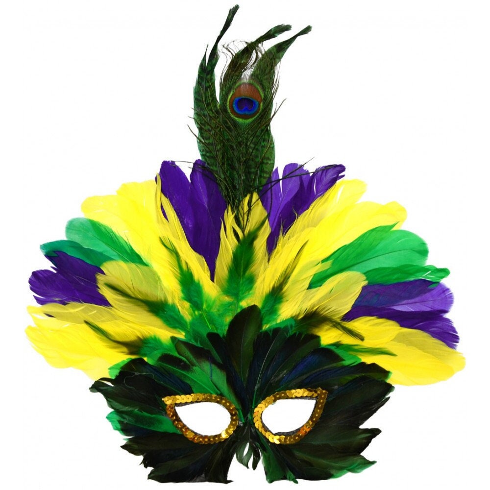 Mask Purple, Green, Gold Feather Burst Mardi Gras Peacock Orleans Carnival Mardi Gras Face Eye Decoration Wreath Costume Favor Outfit