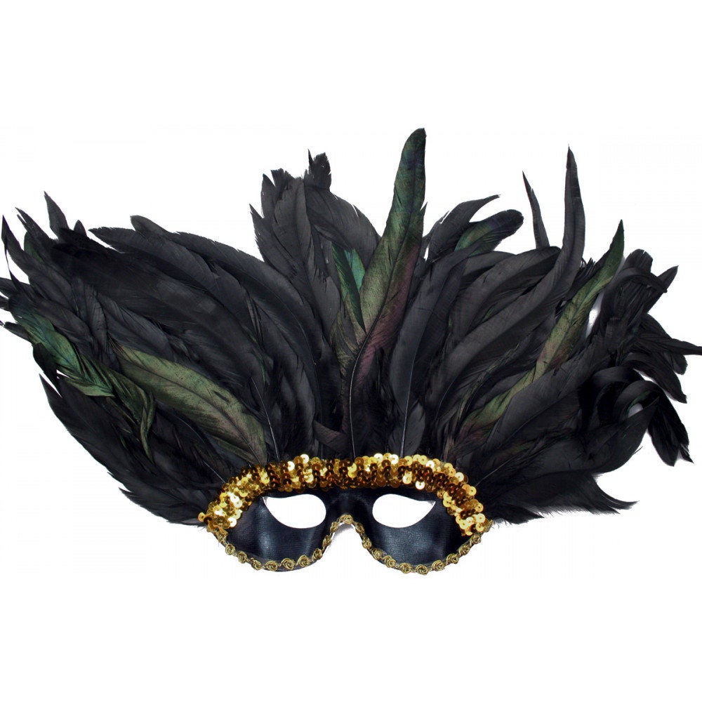 Black & Gold Sequin Band Feather Mask Feather Orleans Carnival Mardi Gras Halloween Decoration Wreath Game Costume Party Outfit Saints