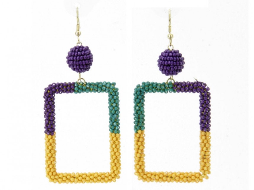 Mardi Gras Seed Bead Wrapped Square Earrings Purple Green Gold Earrings Sexy Masquerade Ball
