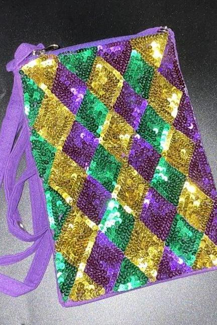 Mardi Gras Sequin Harlequin Diamonds Shoulder Bag Mask Gold Cross Body Bag Mardi Gras Sequin Bag Purse Parade Masquerade Purple Party