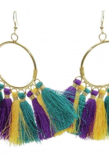 Mardi Gras Tassel Hoop Hook Earrings
