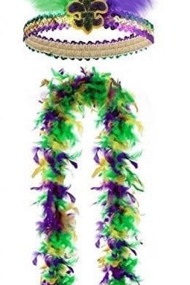 2 Pcs Mardi Gras Feather Boa And Fleur De Lis Headband Costumes Party Purple Green Gold Masquerade Ball Costume Parade Orleans